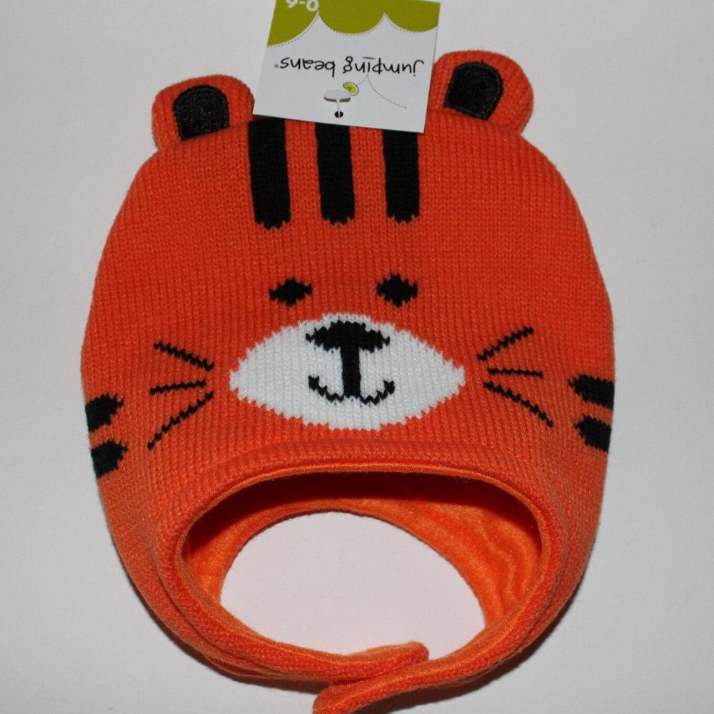 NWT NEWBORN INFANT BABY 0-6 MONTHS SOFT FLEECE LINED KNIT HAT ORANGE TIGER CHIN